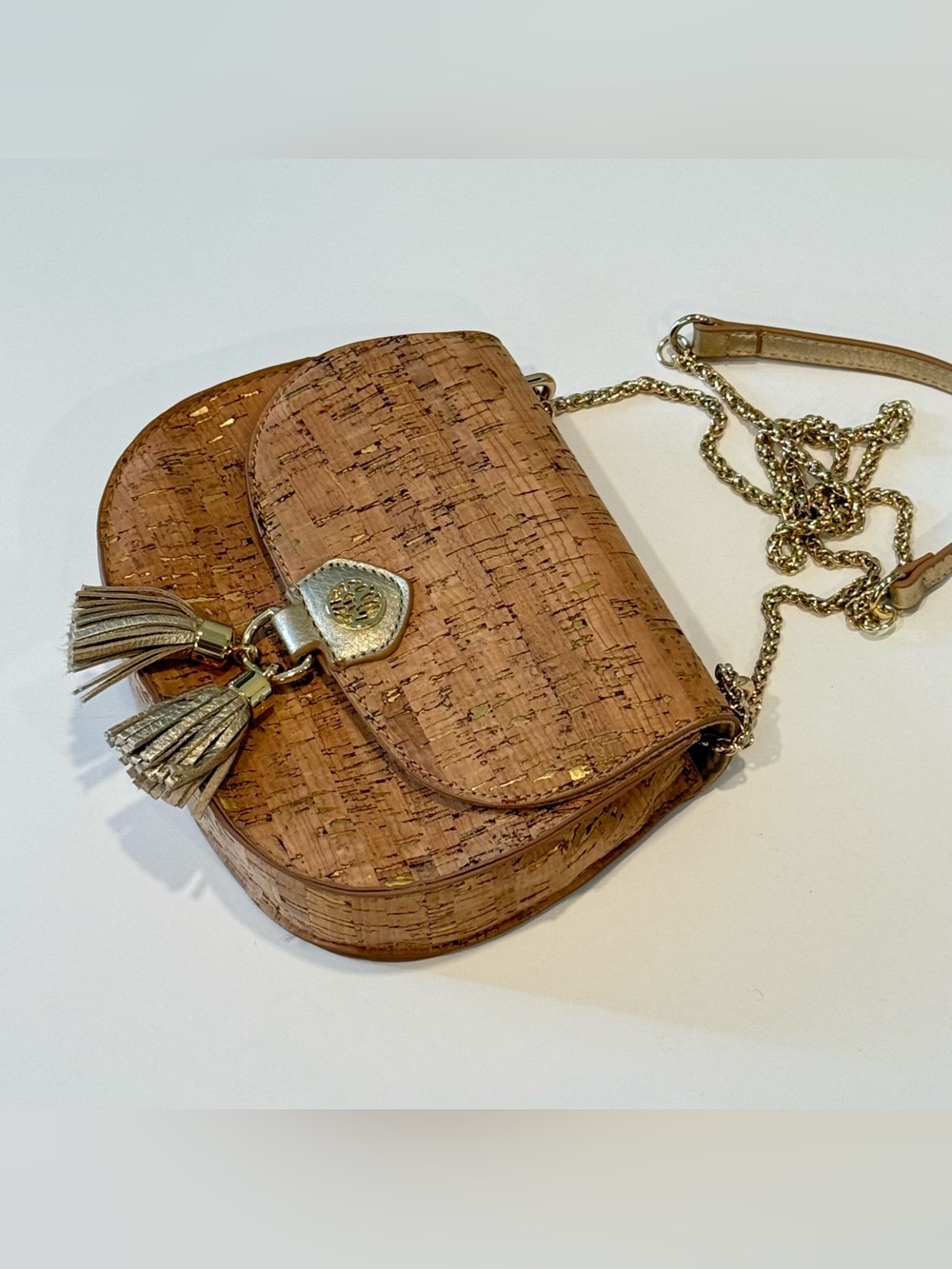 Lilly Pulitzer Sirena Cork Gold Metallic Crossbody Bag Chain Strap & Tassel - Picture 4 of 13